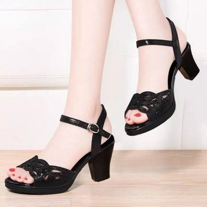 aichashi New Thick Heel Sandals Women's Summer Fish Mouth Women's Shoes Rhinestone High Heels Women's Black Mother Shoes Women