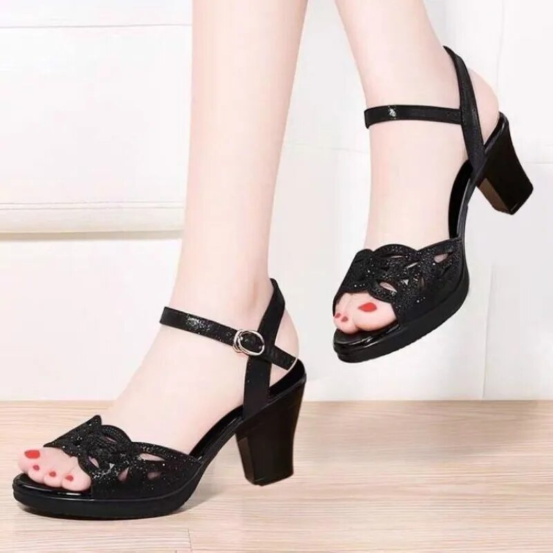 Aichashi New Thick Heel Sandals Women's Summer Fish Mouth Women's Shoes Rhinestone High Heels Women's Black Mother Shoes Women