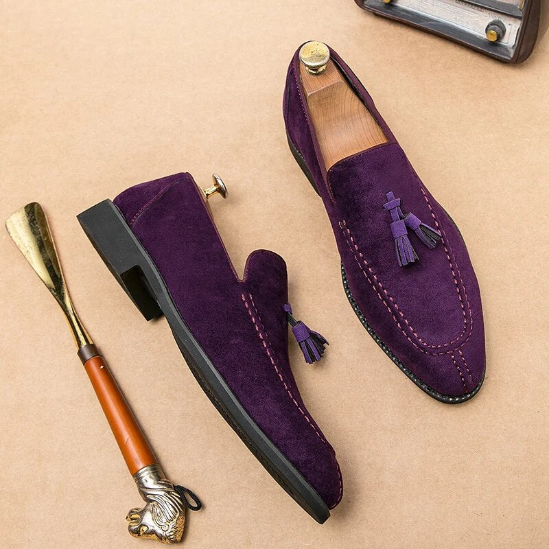 Aichashi Brand Design Men Suede Leather Shoes Moccasins Purple Tassel Pointed Men's Loafers Vintage Slip-on Casual Men Social Dress Shoe