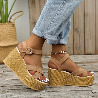 Aichashi Fashion Wedge Sandals for Women Summer Non-slip Peep Toe Platform Shoes Rubber Sole Buckle Elegant Heel Woman Sandale