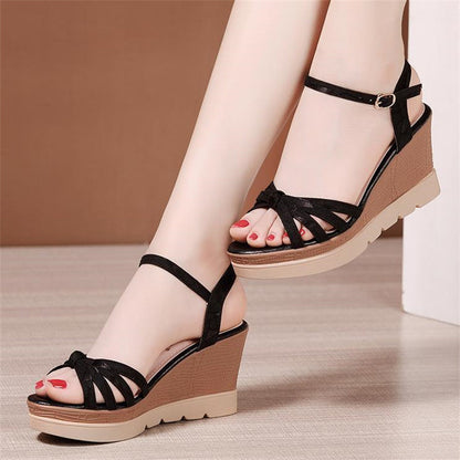 Aichashi Hot Sale Thick Sole Leather Casual Platform Sandals Women Summer High Heels Wedges Shoes for Office Beach Mother