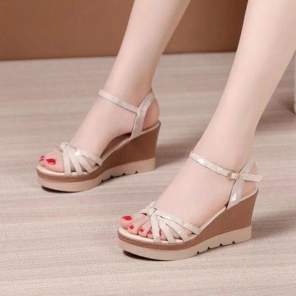 Aichashi Hot Sale Thick Sole Leather Casual Platform Sandals Women Summer High Heels Wedges Shoes for Office Beach Mother