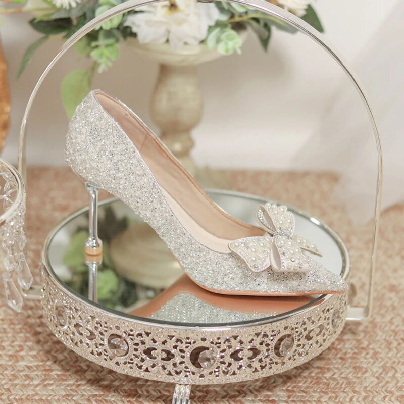 Aichashi Luxury Shiny Crystal Wedding Shoes Women Pearl Bowknot Thin Heels Pumps Woman Shining Pointed Toe High Heel Bridal Shoes