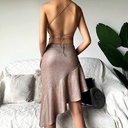 Aichashi hoco dresses Knitted Glitter Sexy Backless Sling Dress 2024 Summer Women's Fashion Temperament Skirt