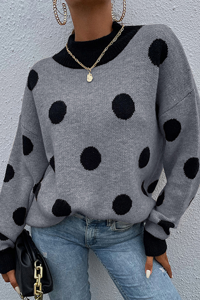 aichashi - Dot Split Joint  Contrast O Neck Tops