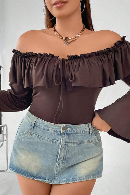 aichashi - Sexy Solid Flounce Off the Shoulder Plus Size Tops