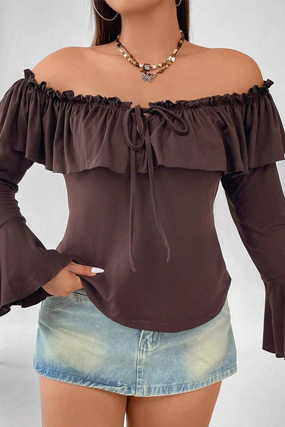 aichashi - Sexy Solid Flounce Off the Shoulder Plus Size Tops