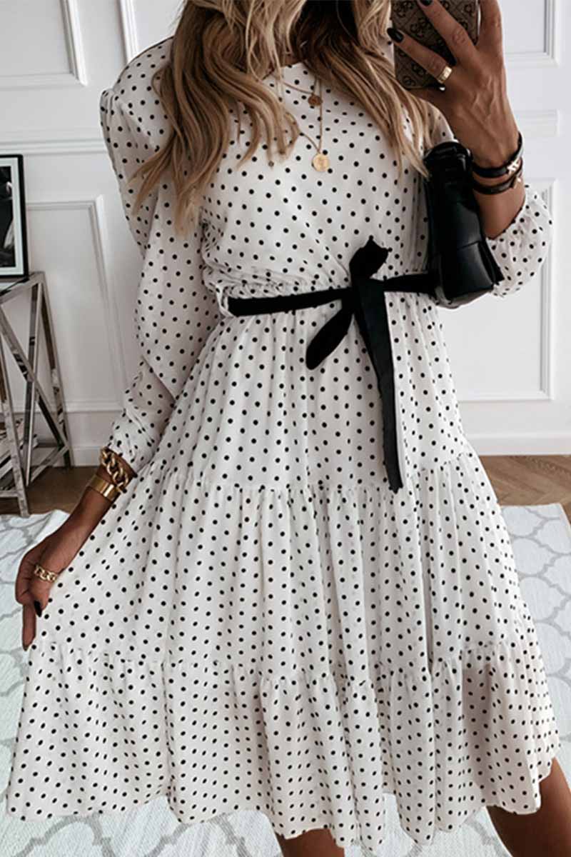 aichashi - Florcoo Elegant White Black Dot Print Round Neck Tie Midi Dress