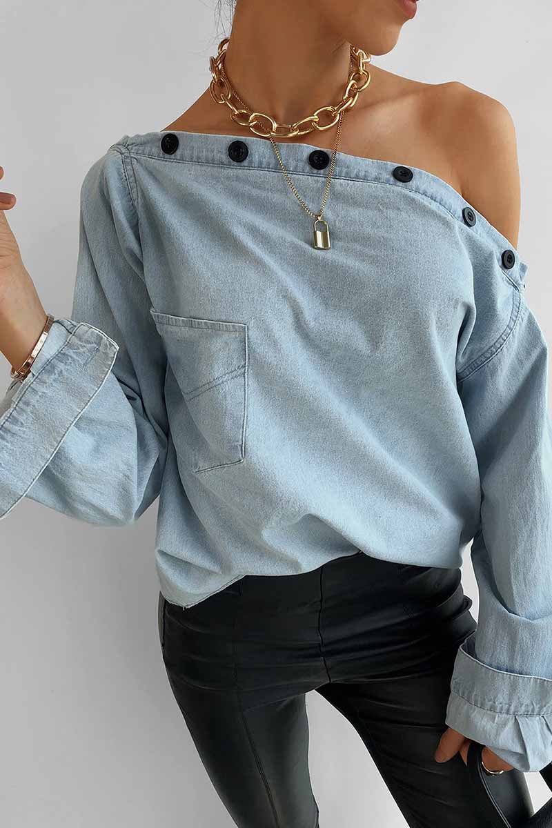 aichashi - Florcoo Spring Button-Neck Off-Shoulder Long-Sleeved Denim Shirt