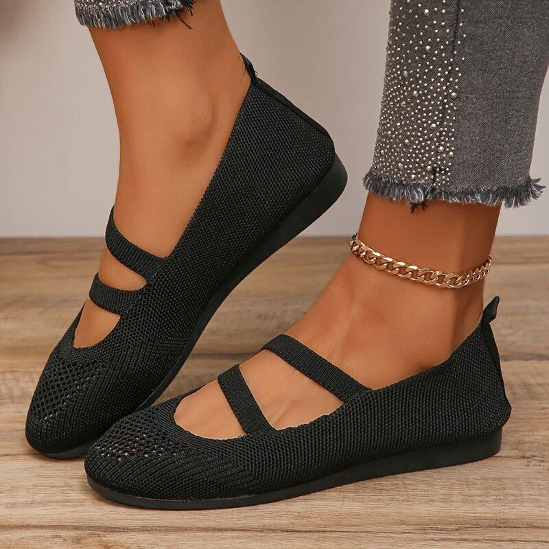 Aichashi Breathable Mesh Flats Women Spring Summer Fashion Strap Knitting Casual Shoes Woman Round Toe Flat Heels Sneakers Female