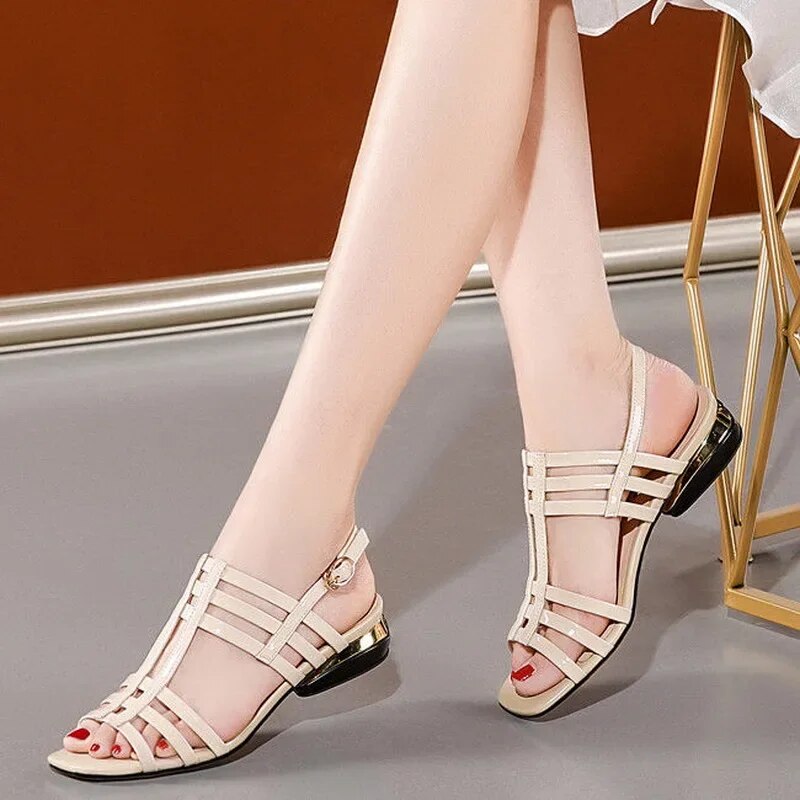 Aichashi Low Heel Sandals Women Patent Leather Hollow Out Summer Women's Shoes New Soft Sole Fashion Ladies Roman Sandal 40