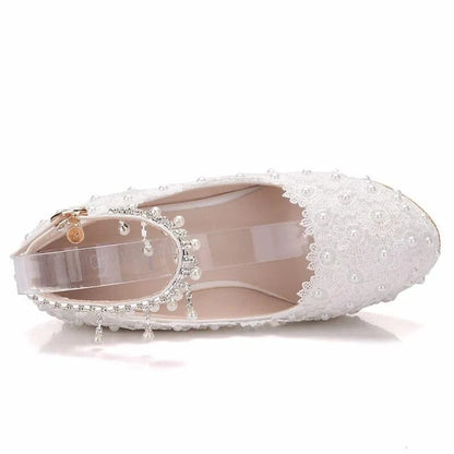 Aichashi Crystal Queen White Wedges Wedding Pumps Sweet White Flower Lace Pearl Platform Pump Shoes Classic Bride Dress High Heeled Lady