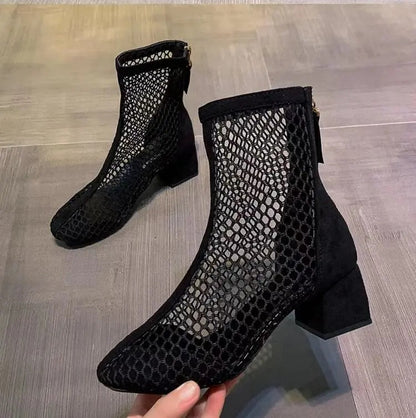 aichashi New Air Mesh Net Bling Women Shoes Summer Ankle Boots Thin High Heels Sexy Sandal Chelsea Boots Female