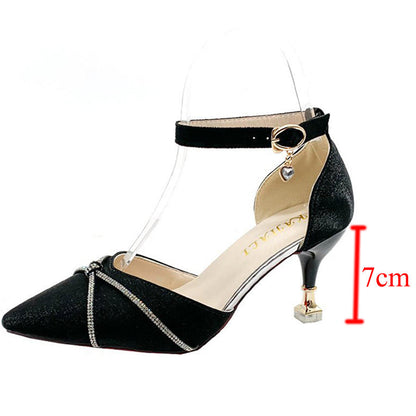 Aichashi Fashion Crystal Cross-tied Women's Shoes Pumps Pointed Toe Med Heels Wedding Shoes Woman Elegant Thin Heels Party Shoes