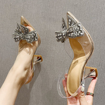 Aichashi Fashion Crystal Sequined Bowknot Women Pumps Sexy Pointed Toe High Heels Wedding Prom Shoes Ladies PVC Transparent Sandals