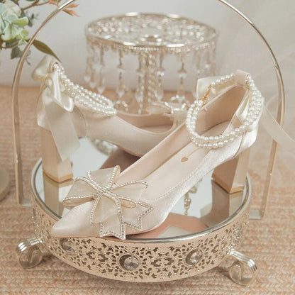 Aichashi Bridal Shoes 2024 New Flower High Heel Pumps Women Elegant Pearl Strap Wedding Party Shoes Woman Silk Pointed Toe Zapatos Mujer