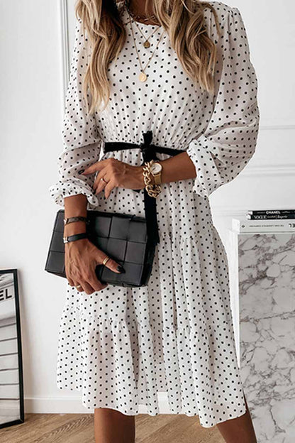 aichashi - Florcoo Elegant White Black Dot Print Round Neck Tie Midi Dress