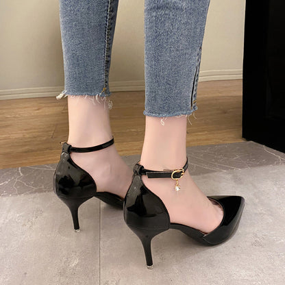 Aichashi Elegant Thin Heel Pumps Women New Ankle Strap Crystal High Heels Shoes Woman Pointed Toe Patent Leather Office Shoes