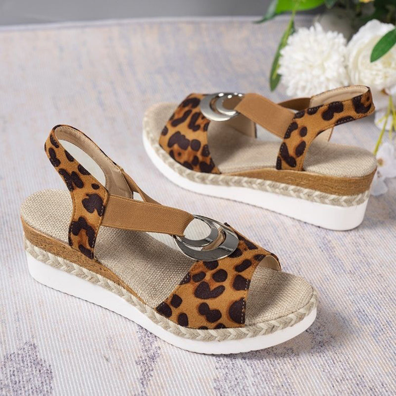 Aichashi Fashion Leopard Print Women's Sandals Metal Decoration Wedges Sandalias Mujer Lightweight Non-Slip Gladiator Shoes Women