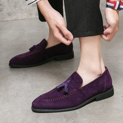 Aichashi Brand Design Men Suede Leather Shoes Moccasins Purple Tassel Pointed Men's Loafers Vintage Slip-on Casual Men Social Dress Shoe