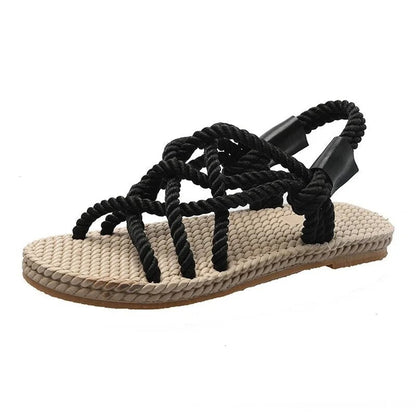 Aichashi 2024 Summer New Women's Roman Sandals Retro Open Toe Hand-woven Rope Non-slip Flat Shoes Casual Slip-on Outdoor Beach Shoes