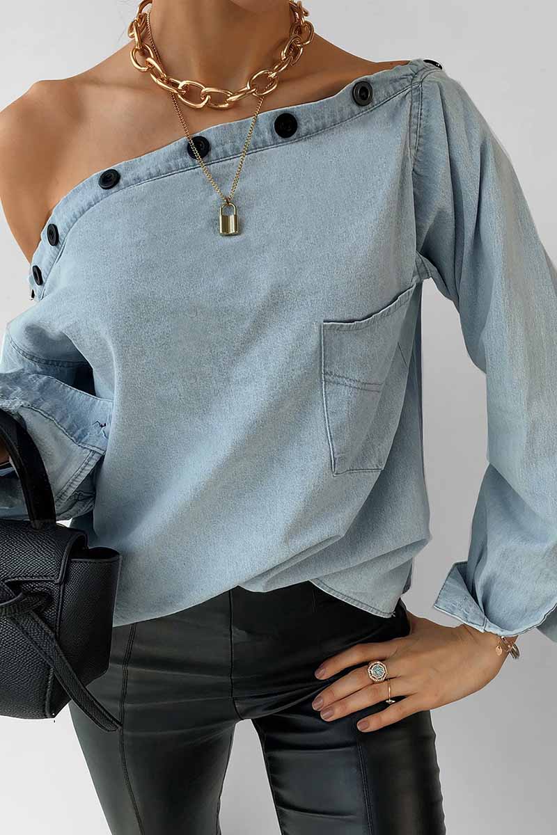 aichashi - Florcoo Spring Button-Neck Off-Shoulder Long-Sleeved Denim Shirt