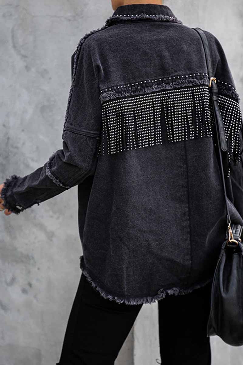 aichashi - Florcoo Long Sleeve Fringed Denim Jacket Tops