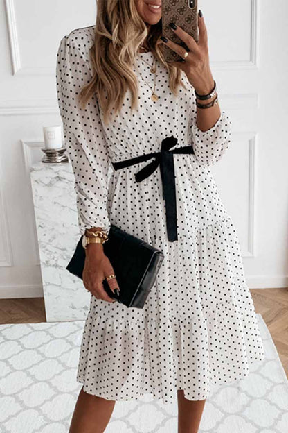 aichashi - Florcoo Elegant White Black Dot Print Round Neck Tie Midi Dress