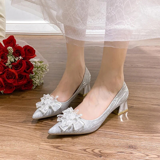 Aichashi Elegant Crystal Flower Bride Shoes Women New Bling Bowknot Med Heels Pumps Woman Slip-on Thick Heels Wedding Shoes