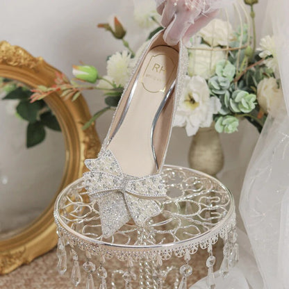 Aichashi Luxury Shiny Crystal Wedding Shoes Women Pearl Bowknot Thin Heels Pumps Woman Shining Pointed Toe High Heel Bridal Shoes