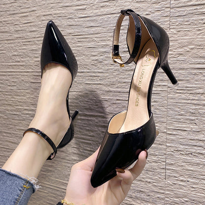 Aichashi Elegant Thin Heel Pumps Women New Ankle Strap Crystal High Heels Shoes Woman Pointed Toe Patent Leather Office Shoes