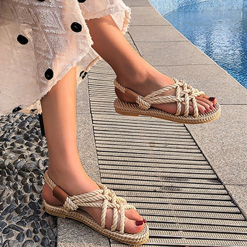 Aichashi 2024 Summer New Women's Roman Sandals Retro Open Toe Hand-woven Rope Non-slip Flat Shoes Casual Slip-on Outdoor Beach Shoes