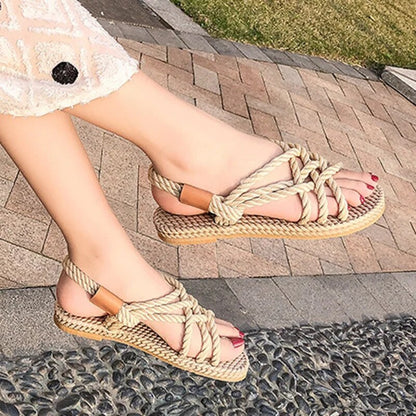 Aichashi 2024 Summer New Women's Roman Sandals Retro Open Toe Hand-woven Rope Non-slip Flat Shoes Casual Slip-on Outdoor Beach Shoes