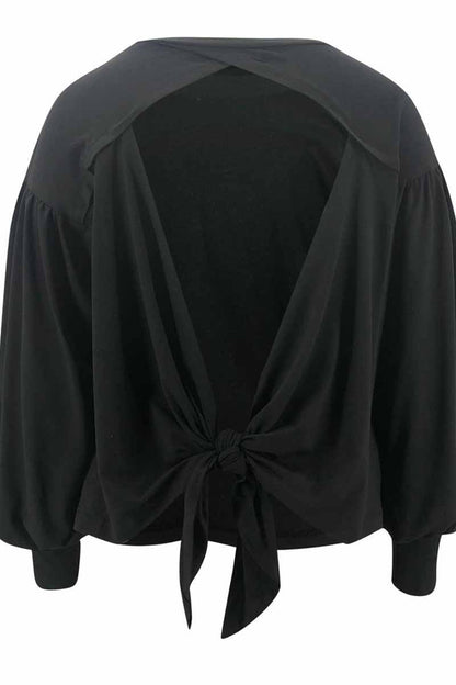 aichashi - Florcoo Lantern Sleeve Cutout Open Back Tie Detail Blouse