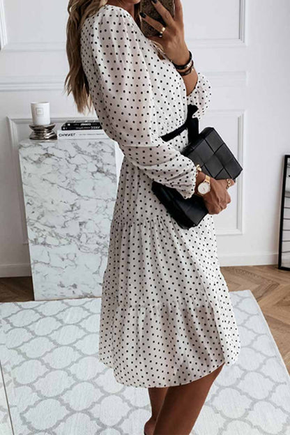 aichashi - Florcoo Elegant White Black Dot Print Round Neck Tie Midi Dress