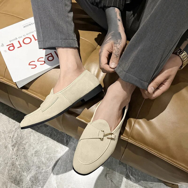 Aichashi Fashion Men's Suede Genuine Leather Casual Shoes Mens Buckle Party Wedding Loafers Moccasins Men Light Comfortable Driving Flats