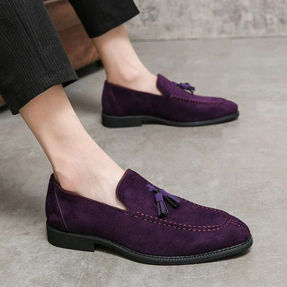 Aichashi Brand Design Men Suede Leather Shoes Moccasins Purple Tassel Pointed Men's Loafers Vintage Slip-on Casual Men Social Dress Shoe