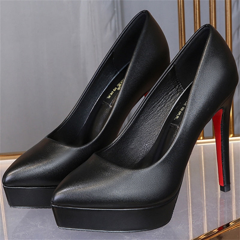 Aichashi Luxury Women Pumps Spring Autumn Slip-On Platform PU Leather 12cm Thin Heels Korean Style Casual Women Profession Shoes Black