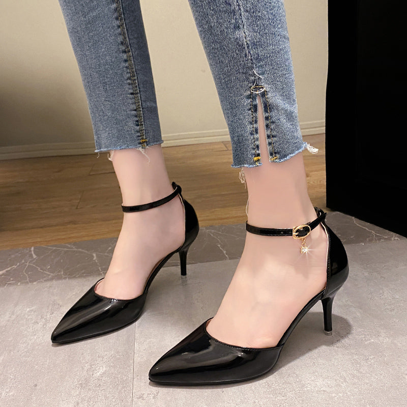 Aichashi Elegant Thin Heel Pumps Women New Ankle Strap Crystal High Heels Shoes Woman Pointed Toe Patent Leather Office Shoes