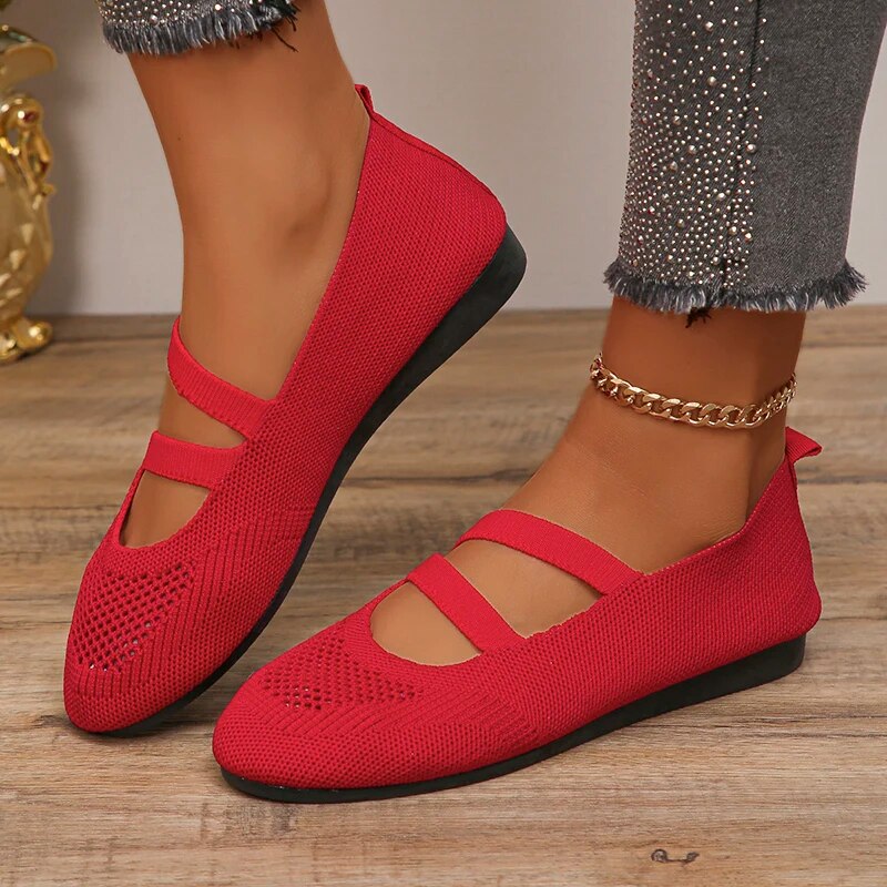 Aichashi Breathable Mesh Flats Women Spring Summer Fashion Strap Knitting Casual Shoes Woman Round Toe Flat Heels Sneakers Female