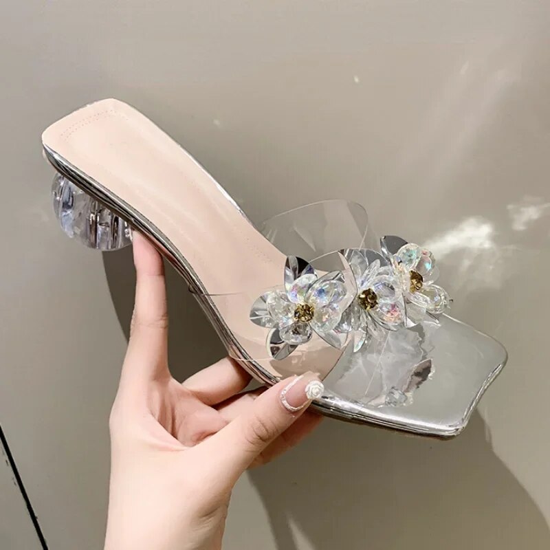 Aichashi Crystal Sandals Elegant Middle Heels Women slippers Summer Shoes Open Toe Sandal Chunky Heels Woman Red Gold Sliver