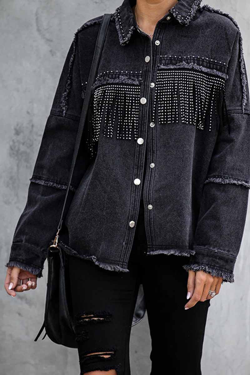 aichashi - Florcoo Long Sleeve Fringed Denim Jacket Tops