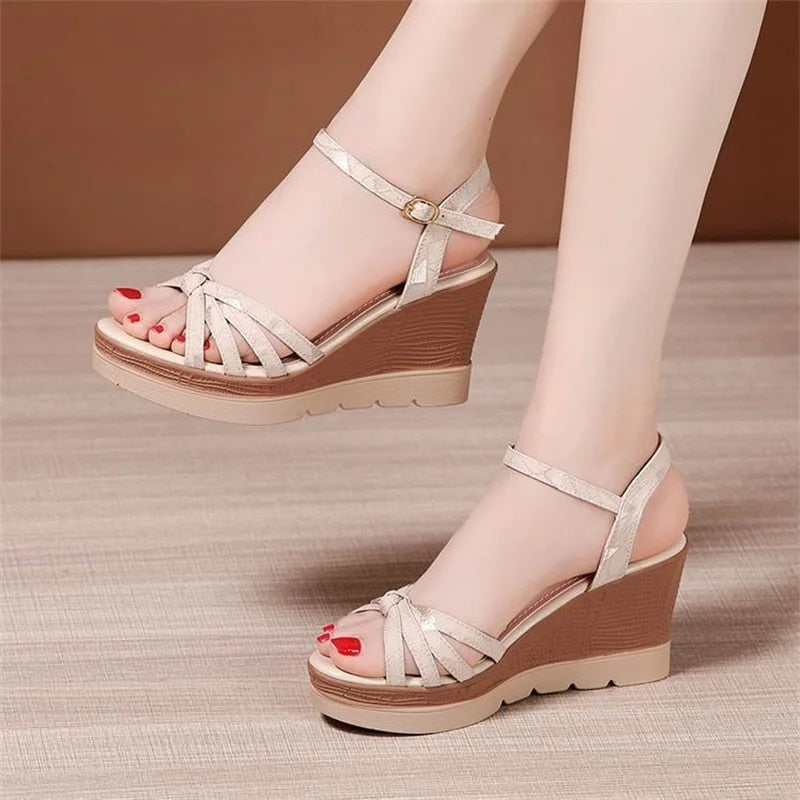 Aichashi Hot Sale Thick Sole Leather Casual Platform Sandals Women Summer High Heels Wedges Shoes for Office Beach Mother