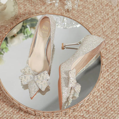 Aichashi Luxury Shiny Crystal Wedding Shoes Women Pearl Bowknot Thin Heels Pumps Woman Shining Pointed Toe High Heel Bridal Shoes