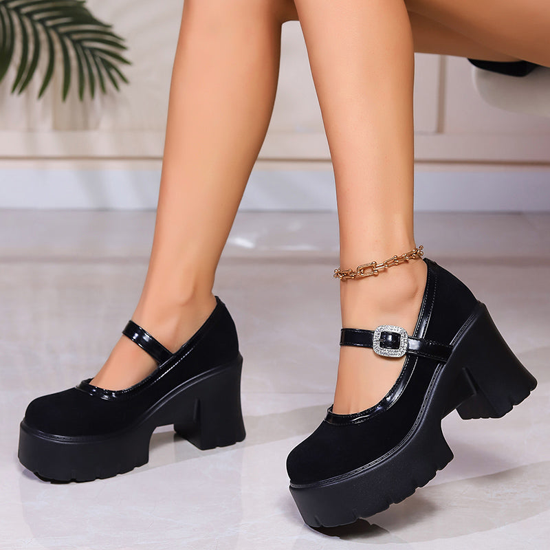 Aichashi Fashion Crystal Buckle Mary Janes Women Black Round Toe Platform Pumps Woman Patchwork Super High Heel Party Shoes