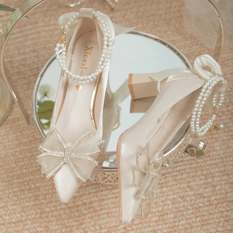 Aichashi Bridal Shoes 2024 New Flower High Heel Pumps Women Elegant Pearl Strap Wedding Party Shoes Woman Silk Pointed Toe Zapatos Mujer