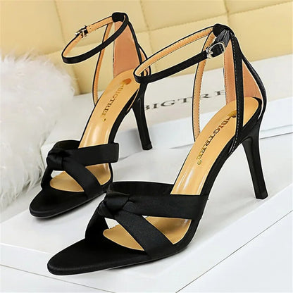 Aichashi New Summer Women 8.5cm 11cm High Heels Sandals Nightclub Stripper Heels Sexy Silk Satin Sandles Party Ankle Strap Open Toe Shoes