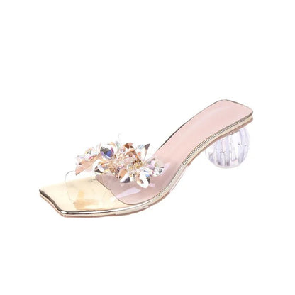 Aichashi Crystal Sandals Elegant Middle Heels Women slippers Summer Shoes Open Toe Sandal Chunky Heels Woman Red Gold Sliver