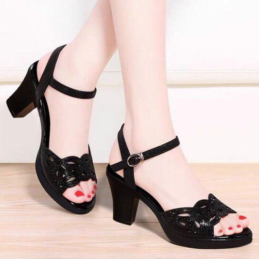 aichashi New Thick Heel Sandals Women's Summer Fish Mouth Women's Shoes Rhinestone High Heels Women's Black Mother Shoes Women