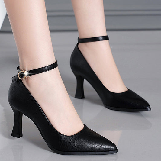 Aichashi Classic Black Thin Heels Pumps Women Pointed Toe Ankle Strap High Heels Shoes Woman Pu Leather Soft Sole Office Shoes